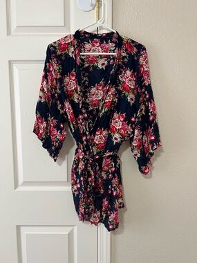 Floral Kimono Robe Navy Pink Wrap Tie Waist